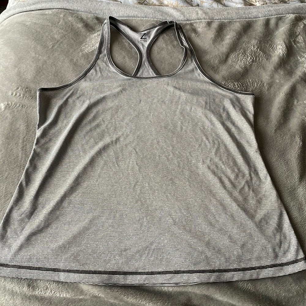 EUC condition. Women’s Large, Zella, Grey & white Stripe, Racerback Workout Top